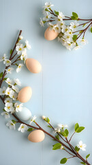 Delicate Easter Still Life with Blossoms and Pastel Eggs on a Light Blue Backdrop