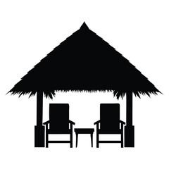 Fototapeta premium Tropical paradise getaway two chairs under thatched roof hut with side table silhouette white background