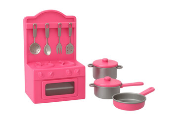 Pink toy kitchen set with pots, pans, and utensils on transparent background