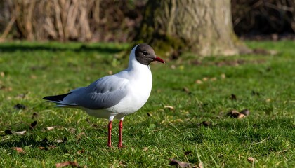Obraz premium Black Headed Gull Standing on Green Grass in Sunlight.