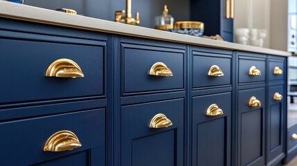 Fototapeta premium Navy Blue Painted Cabinet With Golden Handles: Stylish Kitchen Storage Solution in Maple and Oak Finishes