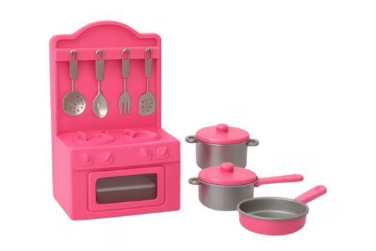 Pink toy kitchen set with pots, pans, and utensils on transparent background