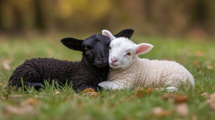 Fototapeta premium Tender Moments: Shepherd and Lamb Embrace on a Sunny Easter Day