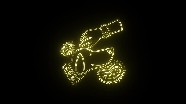 Glowing neon line dog with tail wagging animation. Pet animal icon HD video isolated on black background.