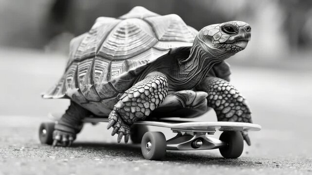 A humorous photo of an ancient tortoise skillfully riding a modern skateboard, symbolizing the blending of old and new lifestyles.