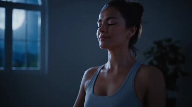 Peaceful Nighttime Yoga Meditation - A woman meditates peacefully indoors at night, with soft moonlight streaming through a nearby window.