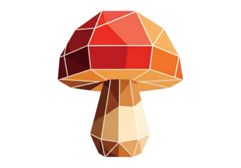 A vibrant, geometric mushroom design featuring a colorful, low-poly style against a bold black background.