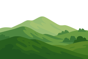 A serene natural landscape of vibrant green rolling hills with lush grass is set against a clean white background, evoking a sense of peace and open space that is ideal for eco-friendly themes