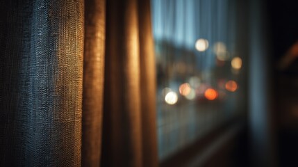 Close medium frame of energyefficient blackout curtains drawn shut capturing fabric density and texture sharply with warm ambient light and blurred background scenes.