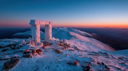 White Celestial Gate Atop Snowy Mountains at Sunrise.