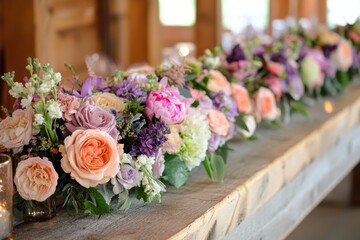 Charming Wedding Farm Decor: Floral Centerpieces in Pink, Peach, Purple, and Green on a Rustic Wooden Table