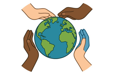 A human hand cradles the Earth, surrounded by leaves, in a flat, eco-friendly vector illustration, symbolizing World Environment Day