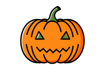 A simple, outlined jack-o'-lantern design displays an orange pumpkin with a carved triangular face, against a black background.