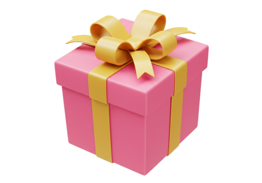 Pink gift box with yellow ribbon isolated on transparent background