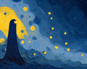 Whimsical Night Sky with Abstract Figure and Stars