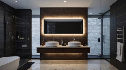 A modern bathroom featuring sleek double sinks, soft lighting, and elegant textures, designed for relaxation and luxury.