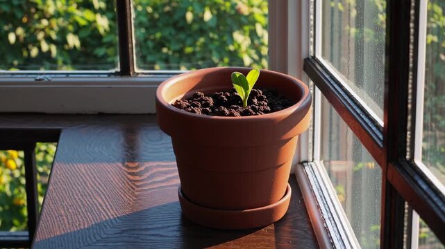 A close-up shot of a small plant in a terracotta pot on a windowsill, bathed in natural light. Ideal for a calming, nature-themed video.