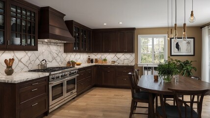 Fototapeta premium Elegant modern kitchen featuring dark wood cabinetry, a marble backsplash, and warm lighting.