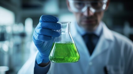 Chemist displaying a beaker filled with vibrant green chemical solution in laboratory setting