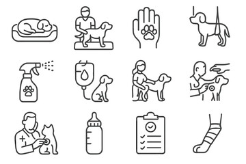 Fototapeta premium Vector spray pet icon bed icons feeding vet drip care therapy physical
