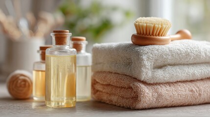 Elegant photo of bottles of skincare products with facial massage tool and towel on table in bathroom, closeup.