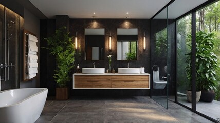Fototapeta premium Modern bathroom featuring elegant wooden cabinetry and lush greenery, creating a serene atmosphere.