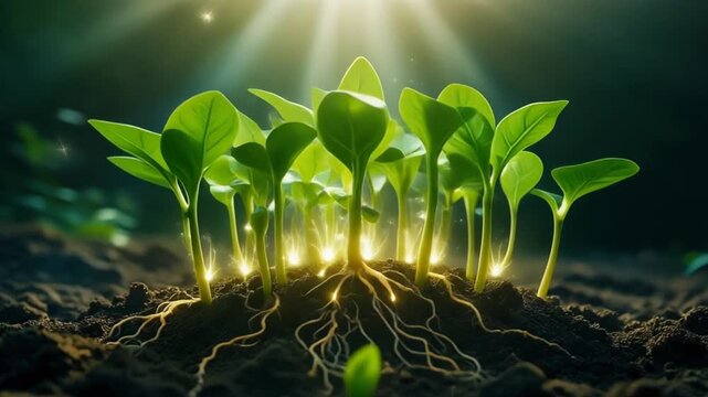 Realistic timelapse of seeds sprouting from soil into green plants.