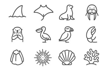 Fototapeta premium Icon otter animal clam fin vector icons marine shell crab ray sea
