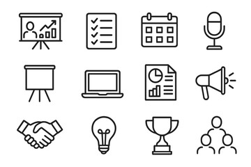 Document icons laptop screen handshake icon whiteboard tools bulb vector checklist megaphone