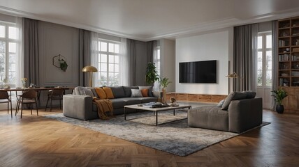 Fototapeta premium Spacious modern living room featuring a cozy gray sectional sofa and large windows for natural light.