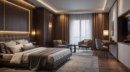 Luxurious modern bedroom featuring neutral tones and elegant furnishings, perfect for relaxation.