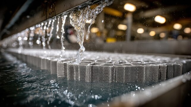 Medium shot of a washable air filter being rinsed under water with the filter texture in sharp focus and the background machinery out of focus.