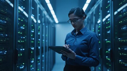Data Center Technician Analyzing Systems - A focused technician stands in a dimly lit data center, surrounded by server racks and glowing indicator lights.