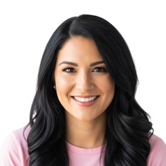 Smiling woman with long dark hair wearing a pink shirt professional headshot portrait transparent background