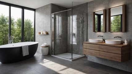 Fototapeta premium Modern bathroom featuring a sleek black tub, elegant wooden cabinetry, and two stylish mirrors that reflect natural light.