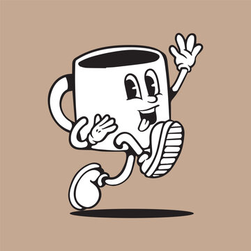 mascot coffee cup illustration, cup mascot retro
