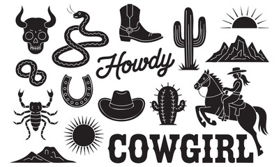 Wild West Silhouette Vector Set with Cowgirl and Desert Icons for Western Themes and Designs