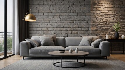 Cozy living room featuring a gray sofa, stone wall, and stylish decor in a calming ambiance.