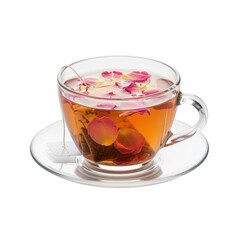 Glass cup of herbal tea with rose petals isolated on transparent background