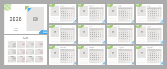 Template of simple desk calendar 2026 with places for photo. Week starts on  Monday
