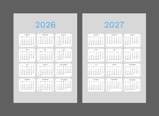 Vertical simple calendar for 2026 and 2027. Week starts on Monday