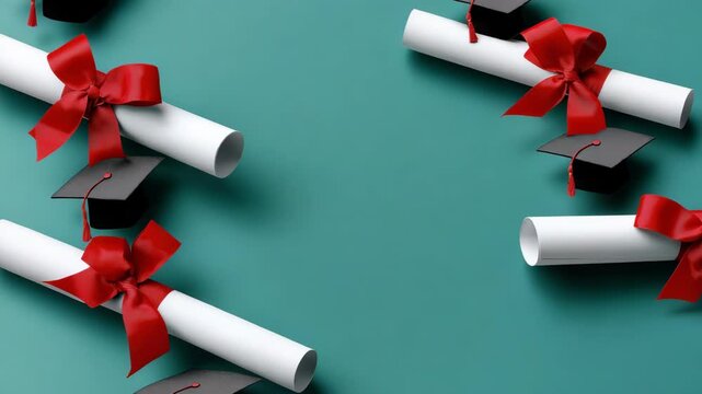 Graduation celebration: diplomas and caps in festive motion on teal backdrop