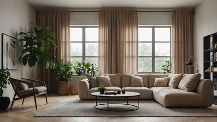 Fototapeta premium Cozy living room with a light-colored sectional sofa and lush indoor plants, creating a serene and inviting atmosphere.