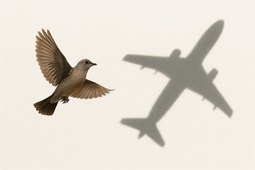 Bird flying next to the shadow of an airplane.