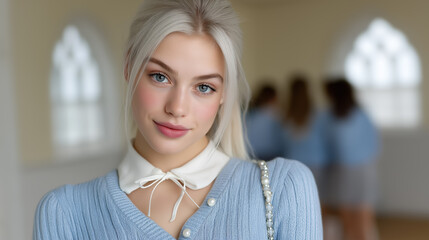 Fototapeta premium Young Woman with Blonde Hair Smiling at the Camera in a Soft Blue Sweater