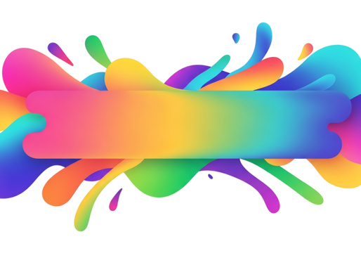 A vibrant abstract design featuring a colorful, liquid-like splatter effect with a horizontal banner, creating a playful and dynamic visual.