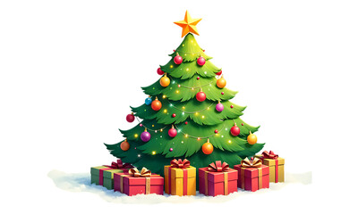 Festive cartoon Christmas tree with colorful ornaments, star, and gifts. Holiday illustration for greeting cards and seasonal celebration, isolated on a white background.