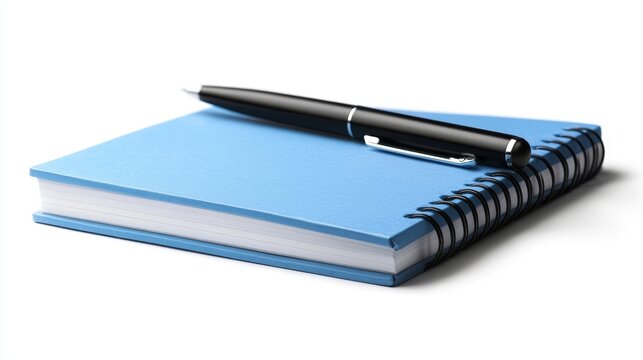 Blue notebook and classic black ballpoint pen for professional office and educational use