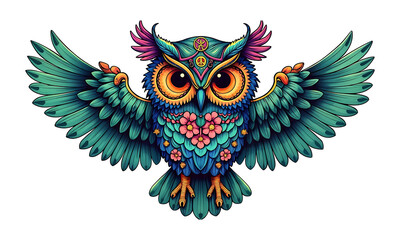 Obraz premium olorful psychedelic owl illustration with spread wings. Ornate and symmetrical bird design with floral patterns, ideal for a tattoo, t-shirt print isolated on transparent white background 