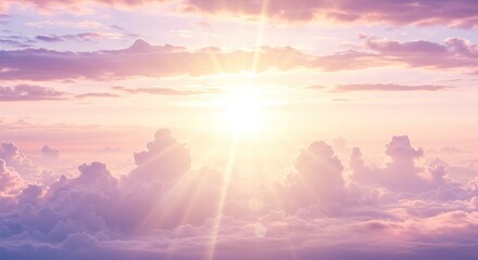 Obraz premium Brilliant sun shines through a pastel sky casting rays through fluffy clouds